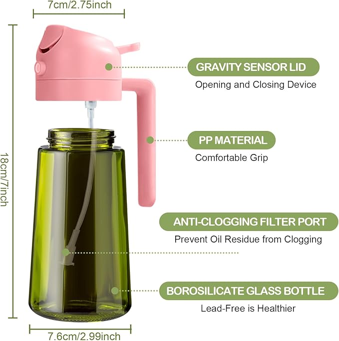 YARRAMATE 16oz/470ml Dark Green Oil Sprayer for Cooking with Stickers, Food-grade Premium 2 in 1 Olive Oil Dispenser Bottle for Kitchen Gadgets, Air Fryer, Salad, Frying, BBQ (Pink) - Image 2
