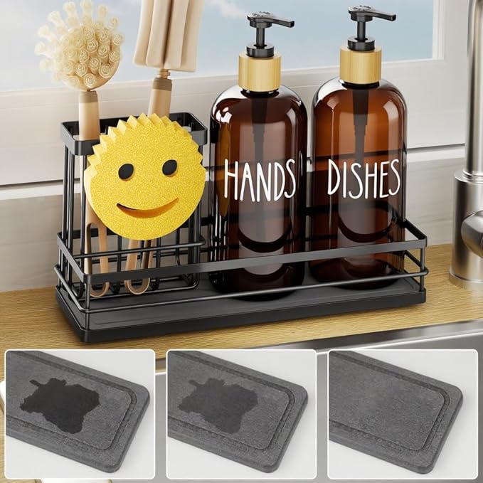 Moforoco Kitchen Dish Soap Dispenser Set, 16OZ Glass Bottle, Hand and Dish Soap Dispenser Set, Instant Dry Tray, Brush Holder with Smiley Face Sponge Holder (Black Tray+Amber Bottle) - Image 8