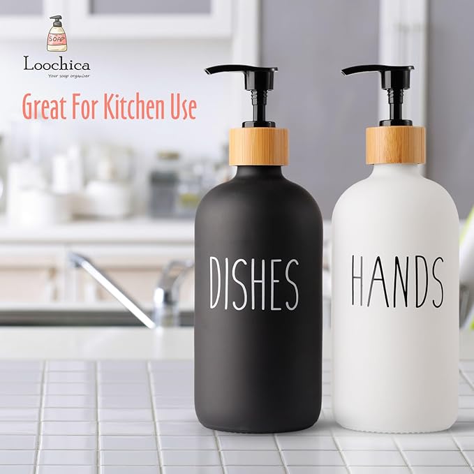 LOOCHICA 2 Pack Glass Soap Dispenser Set, Hand and Dish Glass Soap Dispensers for Kitchen Sink, Kitchen Soap Dispenser Set Suitable for Black and White Kitchen Décor - Image 7