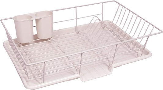 Space-Saving 3-Piece Dish Drainer Rack Set: Efficient Kitchen Organizer for Quick Drying and Storage - Includes Cutlery Holder and Drainboard - Maximize Countertop Space, Pale Pink by SweetHomeCollection