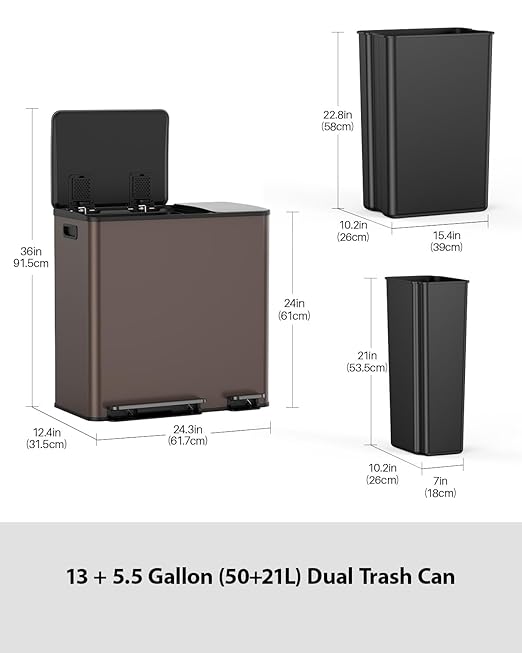 Lovewind Double Trash Can Kitchen, 13+5.5 Gallon Stainless Steel Dual Trash and Recycle Bin Combo with Silent Close Lid, Heavy-Duty Foot Pedal, Easy to Clean Garbage Can for Large Families, Brown