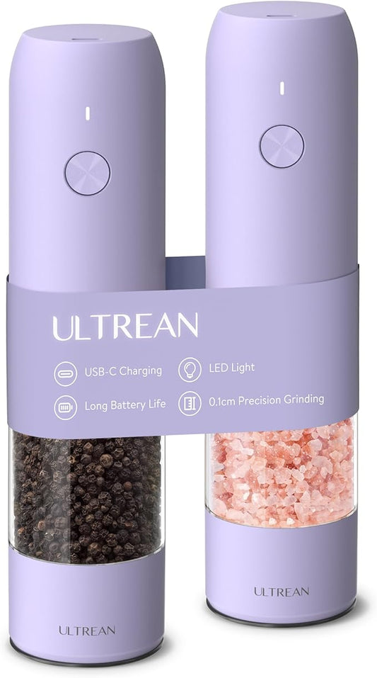Ultrean Pepper Grinder, Rechargeable Salt and Pepper Grinder with 6 Adjustable Coarseness, LED Light, Automatic Salt and Pepper Shakers, Kitchen Gadgets, Gifts for Women, Lavender Purple by Ultrean