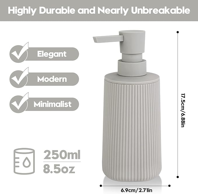 Small Soap Dispenser for Bathroom and Kitchen, Modern Farmhouse Striped Style Plastic Hand Soap Dish Soap Dispenser with Pump Matte Beige - Image 6