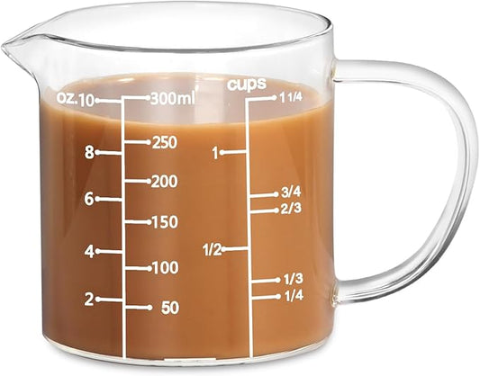 77L Glass Measuring Cup, Clear Liquid Measuring Cup with V-Shaped Spout and Three Scales, High Borosilicate Glass Beaker with Handle for Kitchen or Restaurant, 300 ML (0.3 Liter, 1 1/4 Cup) by 77L
