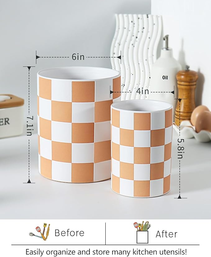 Utensil Holder，7.2 Inch Checkered Utensil Holder, Ceramic Cooking Utensil Spoon/Spatula Holder for Countertop, Kitchen Decor and Accessories, Brown - Image 2