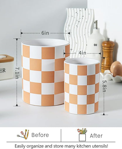 Utensil Holder，7.2 Inch Checkered Utensil Holder, Ceramic Cooking Utensil Spoon/Spatula Holder for Countertop, Kitchen Decor and Accessories, Brown - Image 2