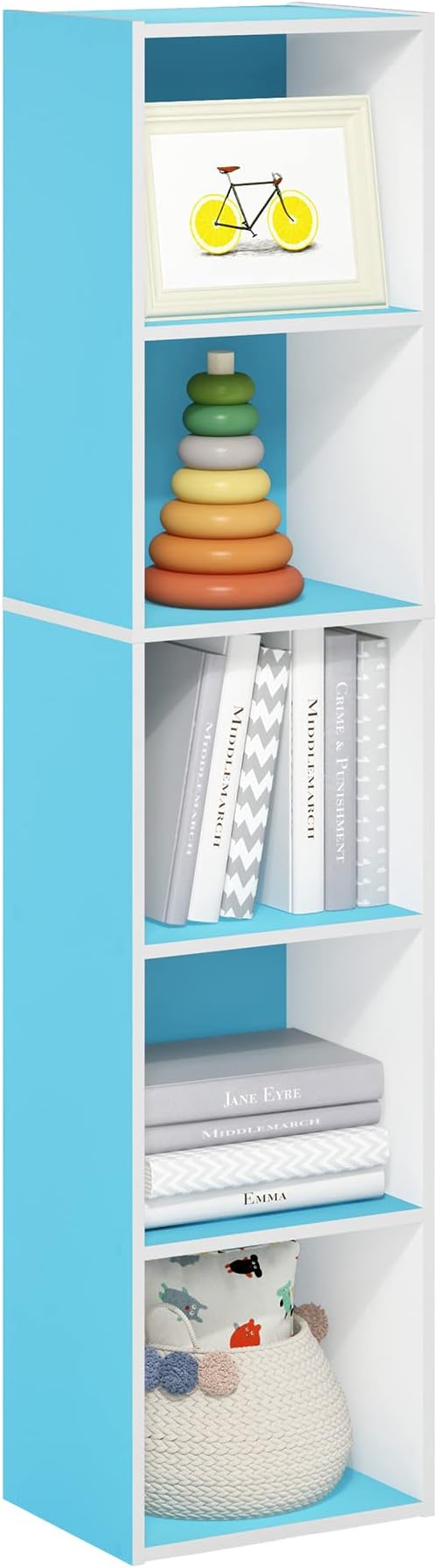 Furinno PASIR Book Shelf, 5-Tier Modern Bookshelf, Open Shelves Bookcase 9 x 12 x 52, Easy Assembly, for Living Room, Bedroom, Home Office, Light Blue/White by Furinno-FitsYourSpaceFitsYourBudget