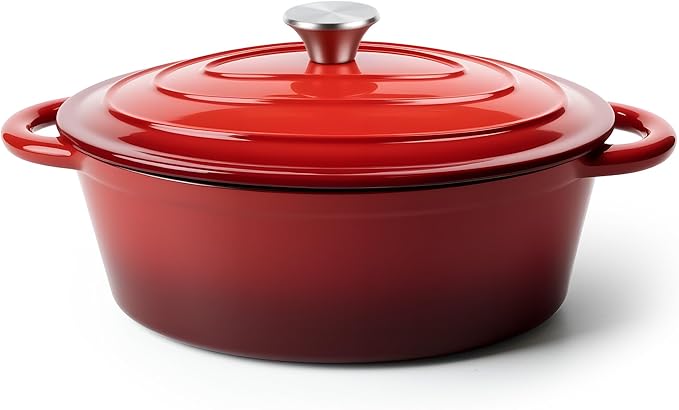 Oval Dutch Oven for Bread Baking, 4.5 Quart Non Stick Enameled Cast Iron Dutch Oven Pot with Lid, Oven Safe Oval Casserole with Lid up to 500°F for Baking, Braising, Stews, Roasting (Red)