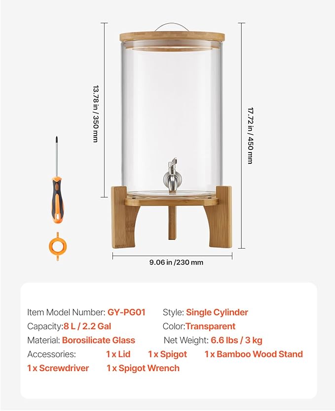 VEVOR Beverage Dispenser, 2.2 Gallon Drink Dispensers for Parties, Glass Juice Dispenser with Wood Stand, Stainless Steel Spigot, Iced Tea Lemonade Juice Water Dispensers for Parties
