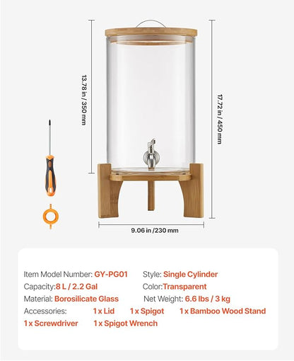 VEVOR Beverage Dispenser, 2.2 Gallon Drink Dispensers for Parties, Glass Juice Dispenser with Wood Stand, Stainless Steel Spigot, Iced Tea Lemonade Juice Water Dispensers for Parties