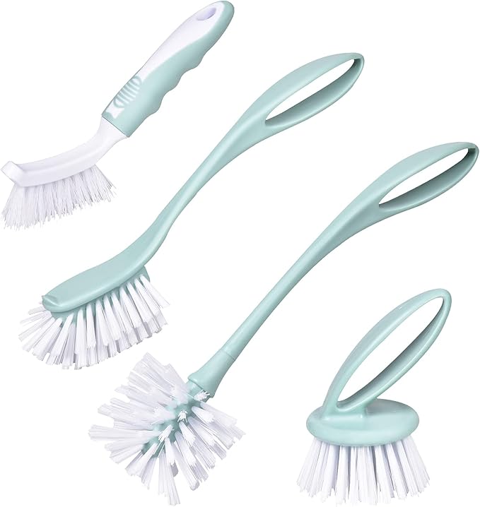 Dish Brush with Handle, Kitchen Dish Scrub Brush Set, 4-Piece Kitchen Cleaning Brush Set for Pots and Bottles, Nordic Green by Perastra