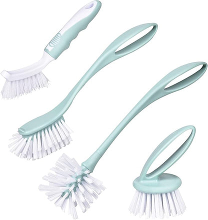 Dish Brush with Handle, Kitchen Dish Scrub Brush Set, 4-Piece Kitchen Cleaning Brush Set for Pots and Bottles, Nordic Green by Perastra