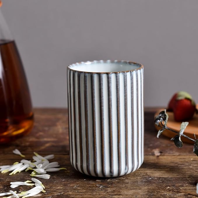 TOPYOKK Stoneware Coffee Bar Utensil Holder Tea & Coffee Spoon & Stirrer Holder for Stir Stick Straw Teaspoon Holder Spoon Cup Small Utensil Jar Fluted Vertical Stripe (Retro White) - Image 6