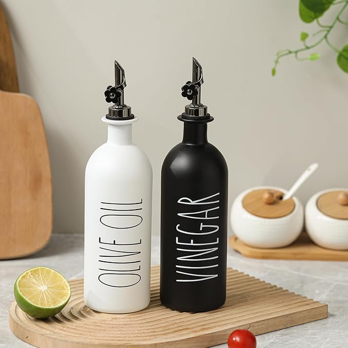 HOMCDALY 16oz Olive Oil Dispenser Bottles for Kitchen, Glass Oil Dispenser for Kitchen with Bamboo Tray, Oil&Vinegar Dispenser Set | Set of 2 (16oz-P-Black&White) - Image 6