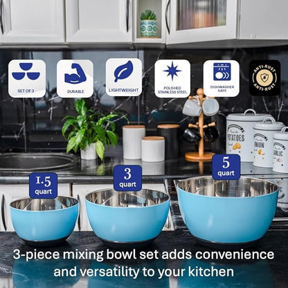 WHYSKO® Stainless Steel Mixing Bowls (Set of 3) with Non-Slip Silicone Base for Kitchen, Dishwasher Safe Bowls for Meal Prep, Cooking, Baking, Serving, Food Storage (Light Blue) - Image 2