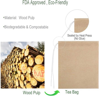 Aksuaple Eco-Fil Disposable Tea Filter Bags for Loose Tea, Wood Pulp Material, Biodegradable and Compostable, Unbleached Empty Tea Infuser Sachets with Drawstring, 100 Pack (3.2inch x 4.0inch) - Image 2