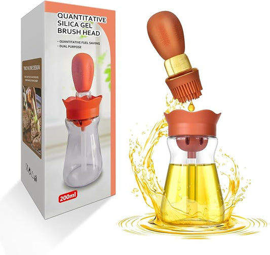 Oil Dispenser Bottle with Silicone Brush, 200ML 2 in 1 Silicone Dropper Measuring Oil Dispenser Bottle for Kitchen Cooking, Frying, Baking, BBQ Pancake, Air Fryer, Marinating - Orange