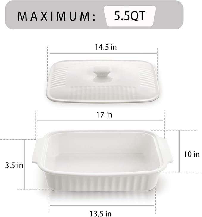 Large Baking Dish with Lid,5.5 Quart Lasagna Pan with Lid, 13.5x9 inch Ceramic Casserole Dish with Lid, Microwave, Dishwasher Safe, White - Image 6