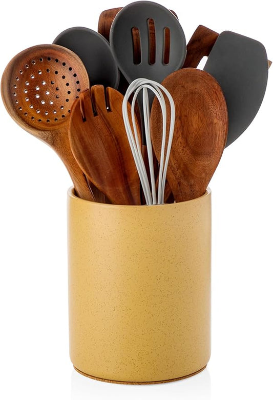 Nucookery Utensil Holder, 6.4" Ceramic Kitchen Utensil Holder for Countertop with Protection Cork Bottom, Vintage Farmhouse Kitchen Decor for Counter (Yellow Sand) by Nucookery