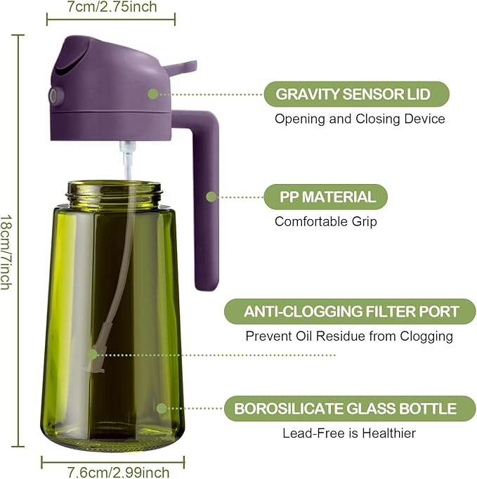 YARRAMATE 2Pcs 16oz/470ml Dark Green Oil Sprayer for Cooking with Stickers, Food-grade Premium 2 in 1 Olive Oil Dispenser Bottle for Kitchen Gadgets, Air Fryer, Salad, Frying, BBQ (Black&Purple) - Image 7