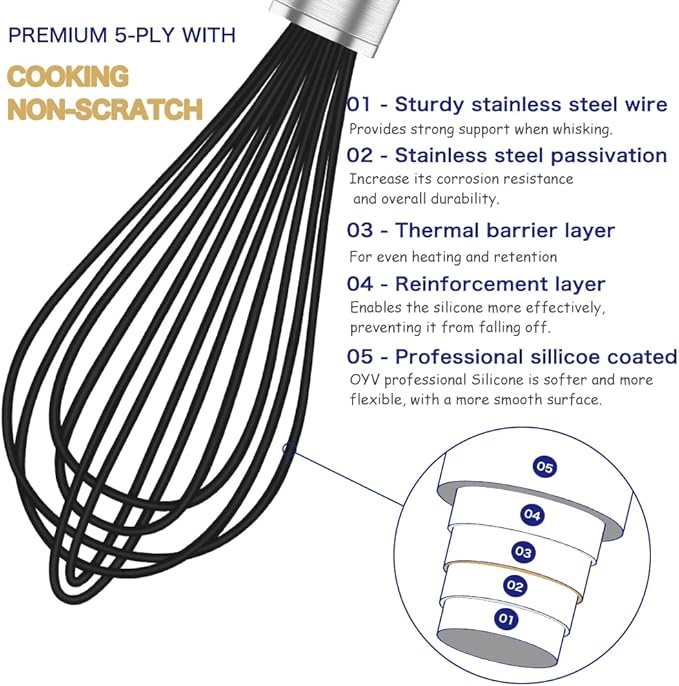 OYV Silicone Whisk,3 pack Professional whisks for cooking non scratch,Stainless Steel & Silicone wisk,plastic rubber whisk for nonstick cookware,small silicone whisk set,black - Image 3