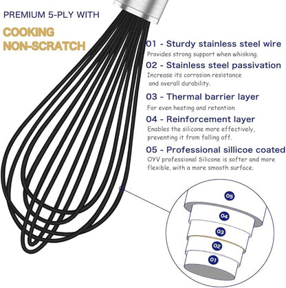 OYV Silicone Whisk,3 pack Professional whisks for cooking non scratch,Stainless Steel & Silicone wisk,plastic rubber whisk for nonstick cookware,small silicone whisk set,black - Image 3