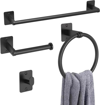KLJKPA Matte Black Bathroom Accessories Set, 4 Pieces Bathroom Hardware Set, 16 inch Towel Bar, Towel Racks for Bathroom, Robe Towel Hooks, Toilet Paper Holder Wall Mounted by KLJKPA