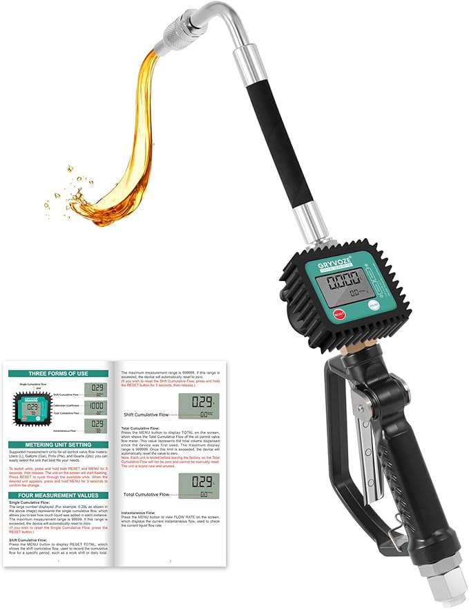 Digital Oil Control Valve Flow Meter Dispenser Nozzle, Pneumatic Oil Gun Dispenser with 1/2" NPT Inlet, Air Operated Digital Metering Dispensing Gun - Max Working Pressure 1500 PSI / 100 bar