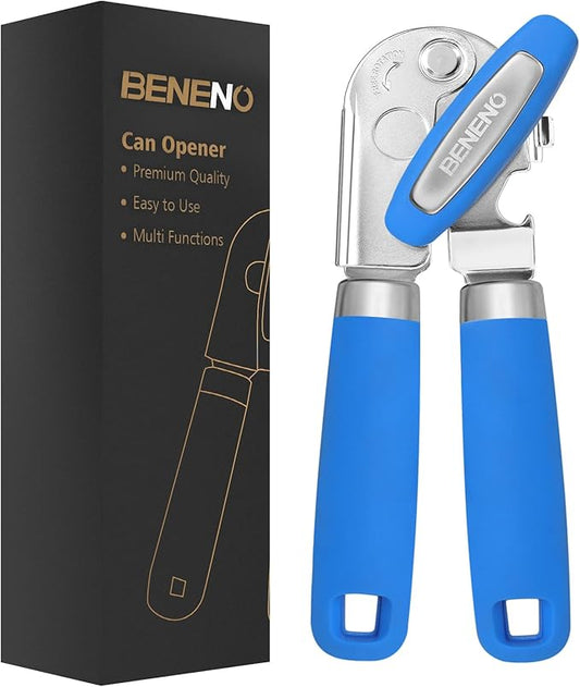 Beneno Heavy Duty Hand Can Opener Manual with Magnet, Durable Sharp Carbon Steel Blade Smooth Cutting, Big Effort-Saving Knob & Soft Grip Handle, Multifunctional Bottle Opener, Klein Blue by Beneno