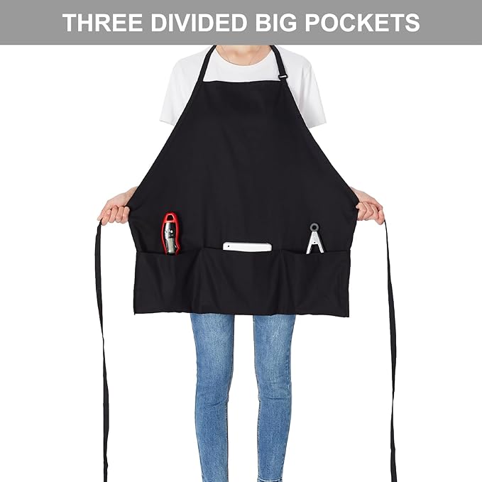 Jubatus 2 Pack 3 Pockets Adjustable Bib Apron 65% Polyester 35% Cotton Fabric Chef Kitchen Cooking Aprons for Women Men, Black - Image 2