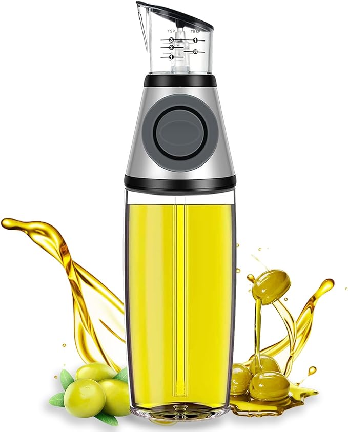 Oil Dispenser Bottle, 17oz Olive Oil Dispenser Oil Sprayer, Clear Glass Refillable Oil and Vinegar Dispenser Bottle with Measuring Scale Pump for Kitchen, Cooking, Salads, Baking Frying