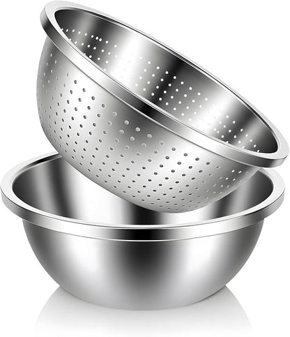 304 Stainless Steel Colander and Strainer, 5QT Large Capacity with Mixing Bowl, Micropore for Washing Rice, Vegetables, Fruit, Grain, Bean, and Draining Cooked Pasta, Dishwasher Safe