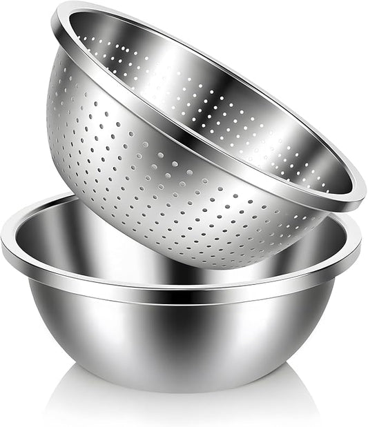 304 Stainless Steel Colander and Strainer, 5QT Large Capacity with Mixing Bowl, Micropore for Washing Rice, Vegetables, Fruit, Grain, Bean, and Draining Cooked Pasta, Dishwasher Safe