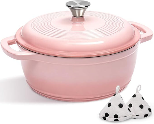 Cast Iron Dutch Oven Pot With Lid - AIVIKI 5QT Enameled Dutch Oven for Bread Baking With Cotton Potholders - Heavy- Duty Cookware Across All Cooktops, Wedding Registry Ideas & Gifts, Pink by AIVIKI