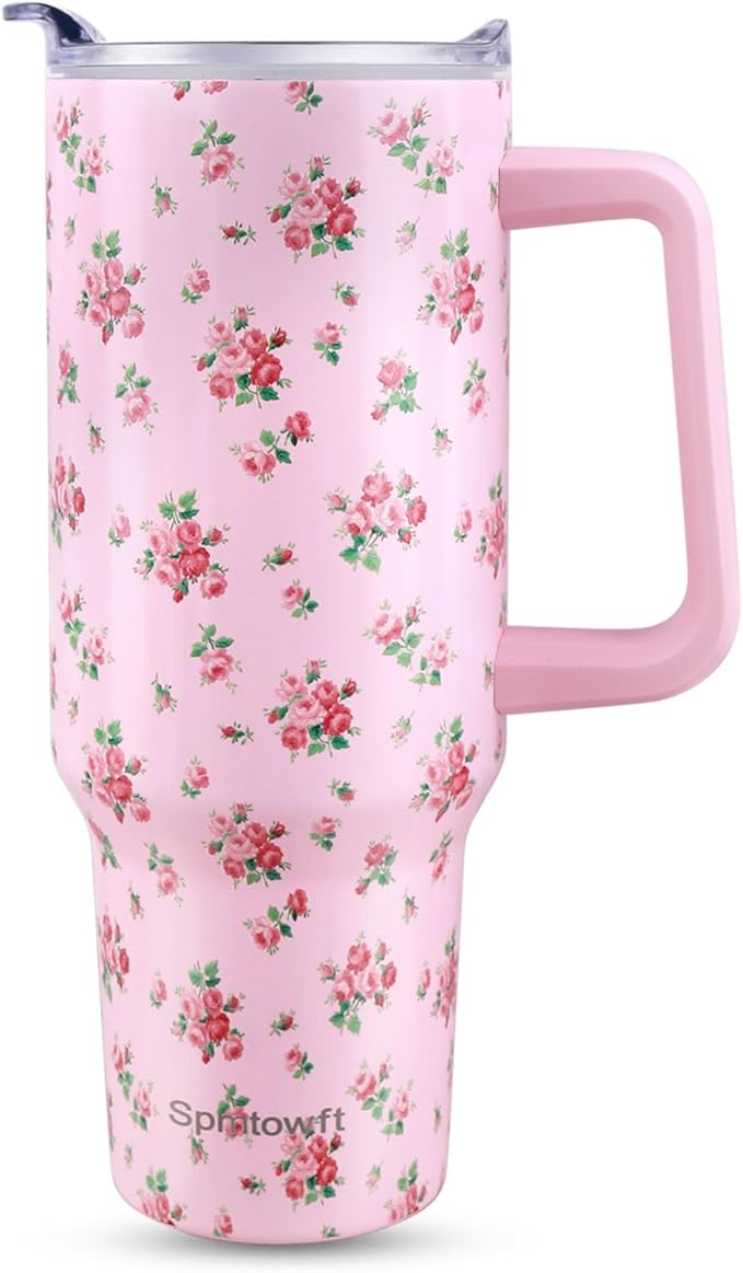40oz Stainless Steel Double Vacuum Tumbler with Handle, Straw Lid, Carrier Bag, Purse Pouch Phone Pocket, Gym Water Bottle Travel Mug and Sleeve Holder for Men Women (Pink Rose)