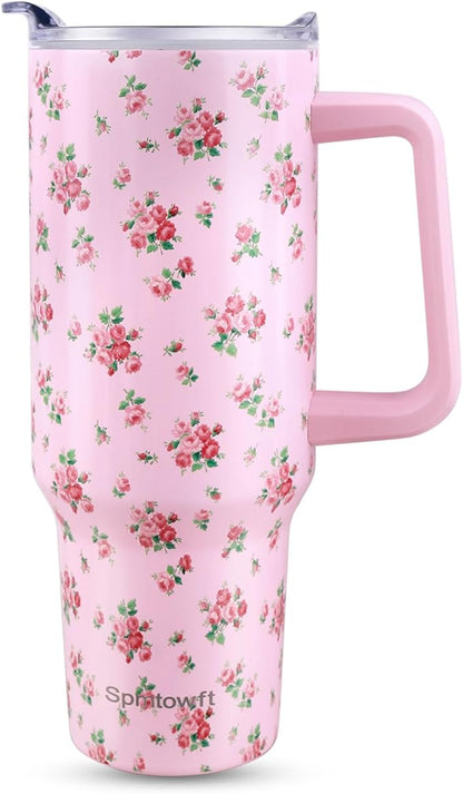 40oz Stainless Steel Double Vacuum Tumbler with Handle, Straw Lid, Carrier Bag, Purse Pouch Phone Pocket, Gym Water Bottle Travel Mug and Sleeve Holder for Men Women (Pink Rose)