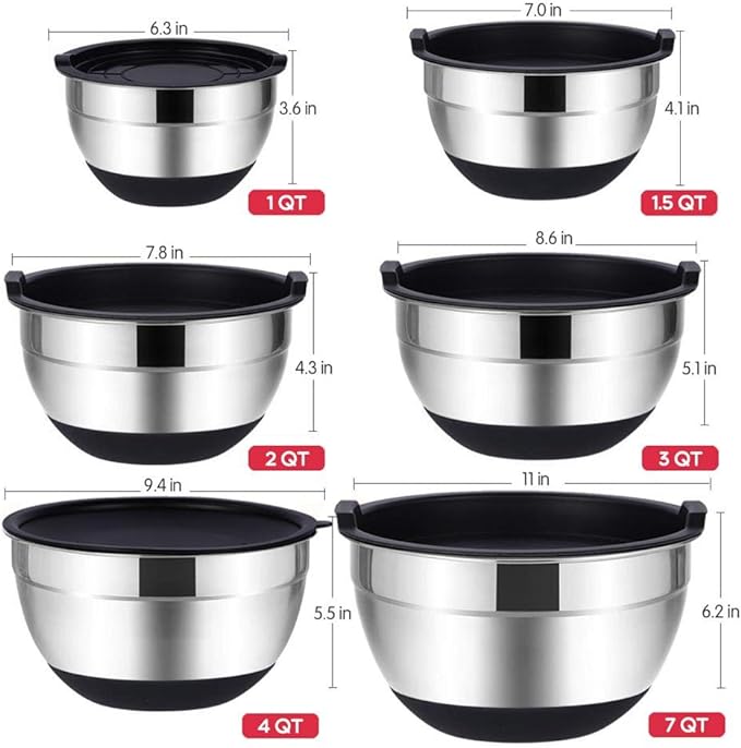 Rottay Mixing Bowls Set with Airtight Lids, 20PCS Stainless Steel, Nesting Bowls with 3 Grater Attachments & Non-Slip Bottoms, Size7, 4, 3, 2, 1.5, 1QT Bowls for Baking&Prepping - Image 5