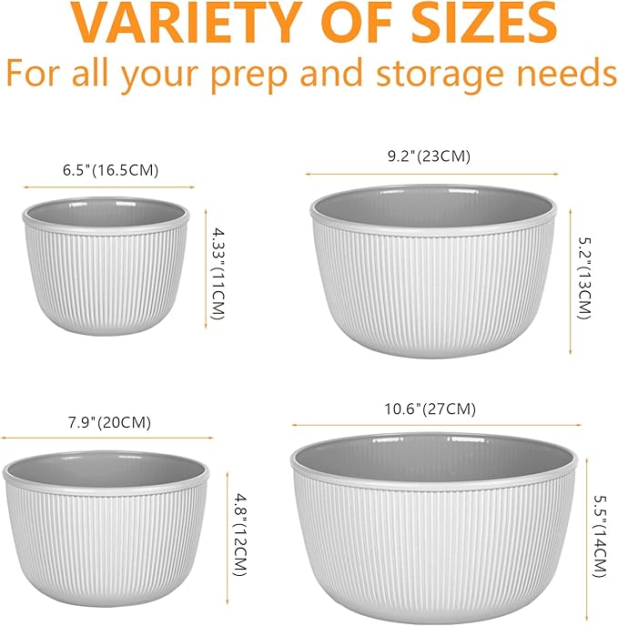 BoxedHome Nesting Plastic Mixing Bowls, BPA-Free Plastic, Microwave and Dishwasher Safe, Set of 4, 1.27/2.22/3.38/4.76quart, Grey - Image 2