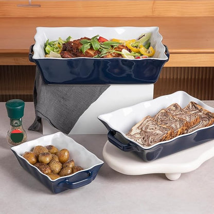 Sweejar Casserole Dishes for Oven, Ceramic Bakeware Set of 3, Rectangular Baking dish with Handles, Wave Edge Lasagna Pan Deep for Cooking, Cake, Dinner, Banquet and Daily Use (Navy) - Image 5