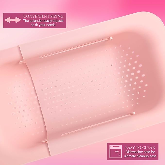 Paris Hilton Over the Sink Expandable Colander, Extendable Strainer, Adjustable from 14.5 inches to 19.5 inches, Fits most kitchen sinks, Made without BPA, Pink - Image 5