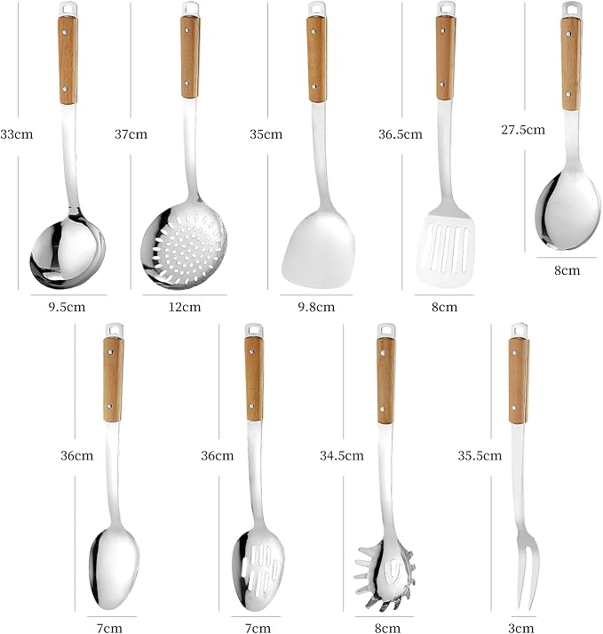 9pcs Cooking Utensils Set 304 Stainless Steel Kitchen Utensils with Wooden Hanlde Metal Kitchen Utensils Soup Ladle Set Dishwasher Safe Kitchen Essentials Set Kitchen Tool Set, Dishwasher Safe - Image 2