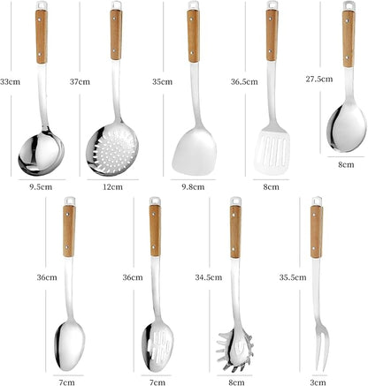 9pcs Cooking Utensils Set 304 Stainless Steel Kitchen Utensils with Wooden Hanlde Metal Kitchen Utensils Soup Ladle Set Dishwasher Safe Kitchen Essentials Set Kitchen Tool Set, Dishwasher Safe - Image 2