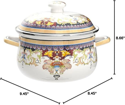 Retro Flower Enamel Stockpot with Lid,Stockpots for Cooking (5L-Mysterious Flower)