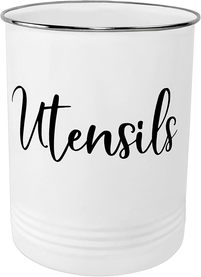 Home Acre Designs Vintage Farmhouse Utensil Holder - Stylish Countertop Organizer and Kitchen Decor Caddy - Stainless Steel Rim - White by HomeAcreDesigns