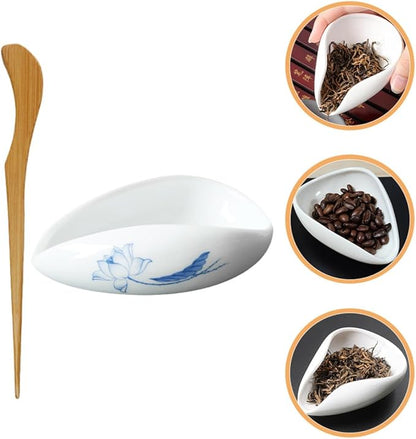 Ceramic Tea Leaf Holder Plate with Tea Spoon Scoop Coffee Bean Dosing Tray Vintage Style and Daily Use