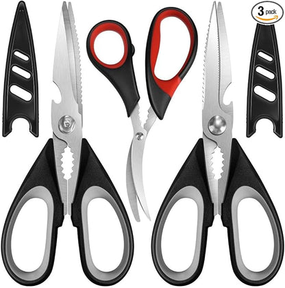 All Purpose Kitchen Shears with Protective Sheath, Heavy Duty 3 Pack Kitchen Scissors with Serrated Blade, Stainless Steel Cooking Scissors for Poultry, Food, Vegetables by HUINF