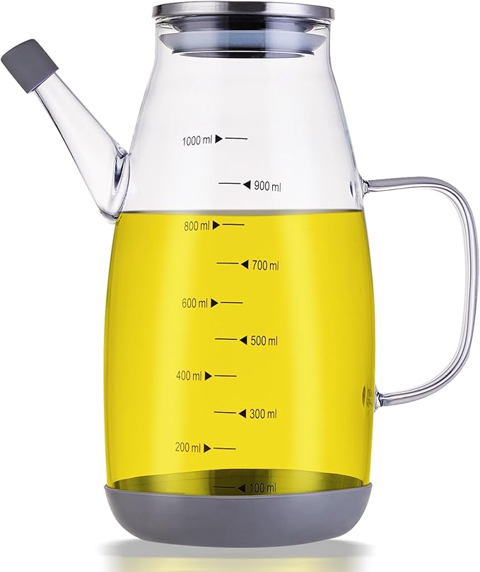 Oil Dispenser for Kitchen, 34OZ Glass Oil Bottle with Drip Free Spout and Non Slip Bottom, High Borosilicate Glass, 1000ml Capacity for Olive Oil, Vinegar, Soy Sauce, Cooking