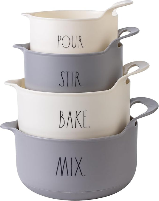 Rae Dunn Non-Slip Mixing Bowls - 4 Piece Nesting Plastic Mixing Bowl Set with Pour Spouts and Handles-Measurement Markings (Grey)
