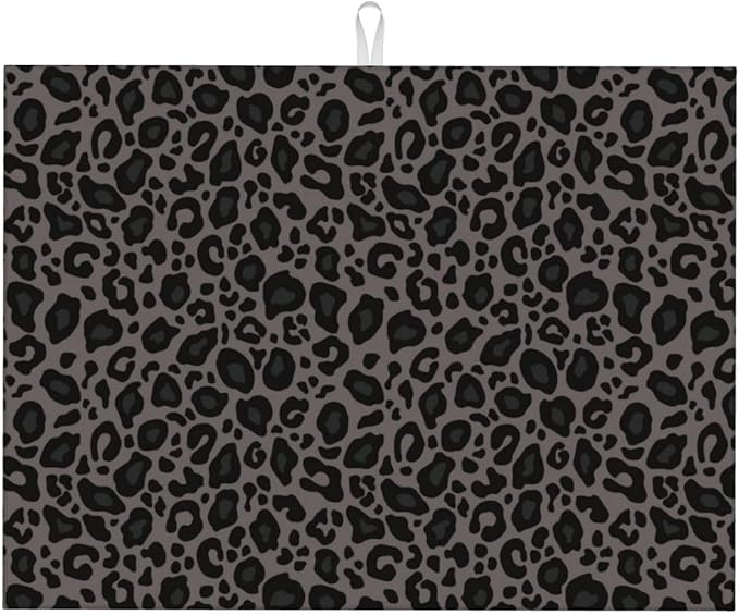 Black Grey Leopard Print Dish Drying Mat Cheetah Wild Animal Dark Skin Drying Rack Pad Countertop Dishes Ultra Absorbent Microfiber Kitchen Counter Mat 18x24 Inch