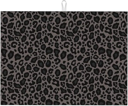 Black Grey Leopard Print Dish Drying Mat Cheetah Wild Animal Dark Skin Drying Rack Pad Countertop Dishes Ultra Absorbent Microfiber Kitchen Counter Mat 18x24 Inch